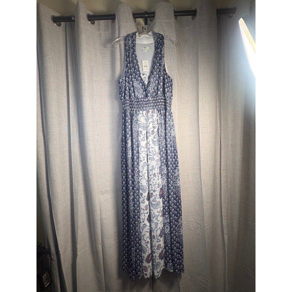 Cato Womens Navy Blue White Paisley Floral Smocked Waist Sleeveless Maxi Dress L